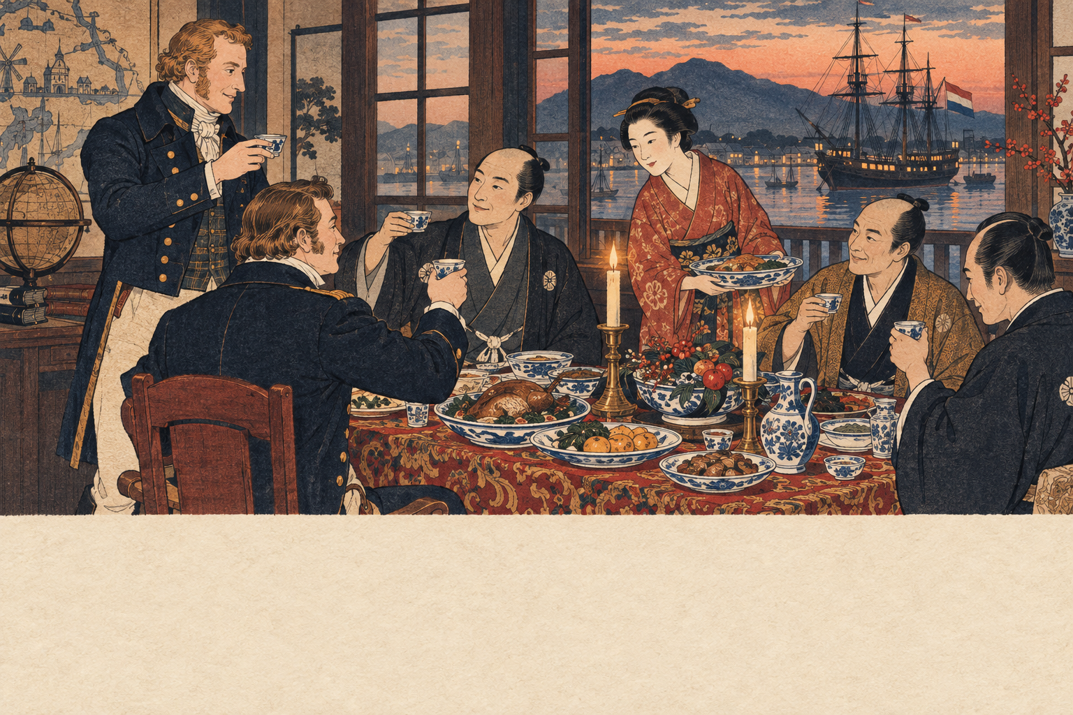日本人とオランダ人が食卓を囲む元日の宴のイメージ